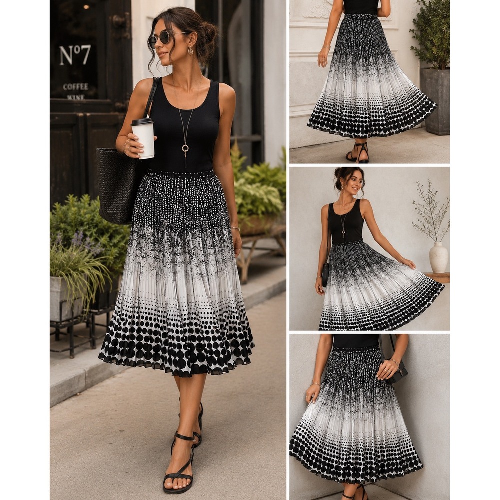 Black White Pleated Midi Skirt Polka Dot Abstract A Line Boho Artsy Medium - Picture 2 of 7
